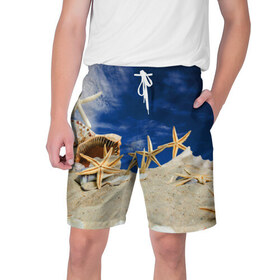 Мужские шорты 3D с принтом Морской пляж 1 в Новосибирске,  полиэстер 100% | прямой крой, два кармана без застежек по бокам. Мягкая трикотажная резинка на поясе, внутри которой широкие завязки. Длина чуть выше колен | море | отдых | отпуск | пляж | ракушки | туризм