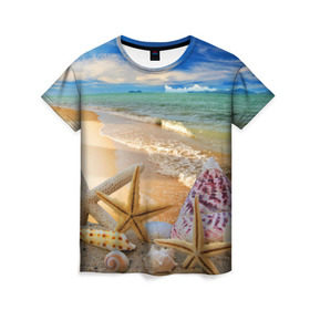 Женская футболка 3D с принтом Морской пляж 2 в Новосибирске, 100% полиэфир ( синтетическое хлопкоподобное полотно) | прямой крой, круглый вырез горловины, длина до линии бедер | море | отдых | отпуск | пляж | ракушки | туризм
