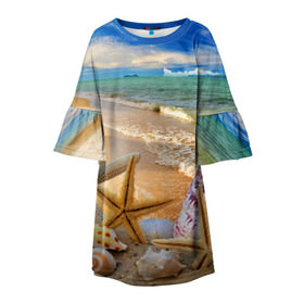 Детское платье 3D с принтом Морской пляж 2 в Новосибирске, 100% полиэстер | прямой силуэт, чуть расширенный к низу. Круглая горловина, на рукавах — воланы | Тематика изображения на принте: море | отдых | отпуск | пляж | ракушки | туризм