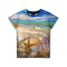 Детская футболка 3D с принтом Морской пляж 2 в Новосибирске, 100% гипоаллергенный полиэфир | прямой крой, круглый вырез горловины, длина до линии бедер, чуть спущенное плечо, ткань немного тянется | Тематика изображения на принте: море | отдых | отпуск | пляж | ракушки | туризм