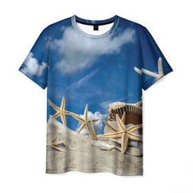 Мужская футболка 3D с принтом Морской пляж 3 в Новосибирске, 100% полиэфир | прямой крой, круглый вырез горловины, длина до линии бедер | море | отдых | отпуск | пляж | ракушки | туризм