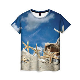Женская футболка 3D с принтом Морской пляж 3 в Новосибирске, 100% полиэфир ( синтетическое хлопкоподобное полотно) | прямой крой, круглый вырез горловины, длина до линии бедер | море | отдых | отпуск | пляж | ракушки | туризм