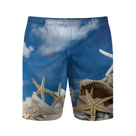 Мужские шорты 3D спортивные с принтом Морской пляж 3 в Новосибирске,  |  | море | отдых | отпуск | пляж | ракушки | туризм