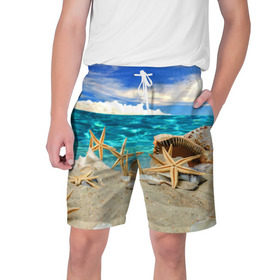 Мужские шорты 3D с принтом Морской пляж 4 в Новосибирске,  полиэстер 100% | прямой крой, два кармана без застежек по бокам. Мягкая трикотажная резинка на поясе, внутри которой широкие завязки. Длина чуть выше колен | море | отдых | отпуск | пляж | ракушки | туризм