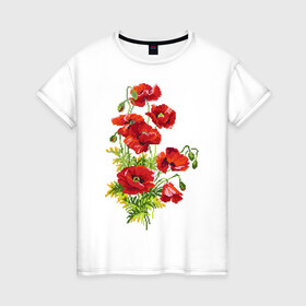 Женская футболка хлопок с принтом Маки в Новосибирске, 100% хлопок | прямой крой, круглый вырез горловины, длина до линии бедер, слегка спущенное плечо | embroidery | flowers | poppies | red | wild | вышивка | красные | маки | полевые | цветы