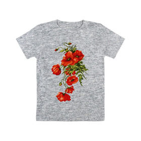 Детская футболка хлопок с принтом Маки в Новосибирске, 100% хлопок | круглый вырез горловины, полуприлегающий силуэт, длина до линии бедер | embroidery | flowers | poppies | red | wild | вышивка | красные | маки | полевые | цветы