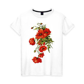 Женская футболка хлопок с принтом Маки в Новосибирске, 100% хлопок | прямой крой, круглый вырез горловины, длина до линии бедер, слегка спущенное плечо | Тематика изображения на принте: embroidery | flowers | poppies | red | wild | вышивка | красные | маки | полевые | цветы
