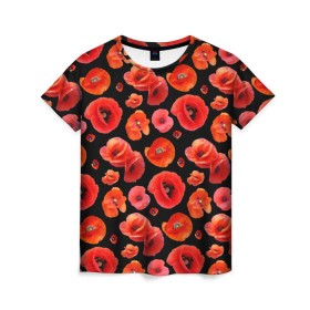 Женская футболка 3D с принтом Маки в Новосибирске, 100% полиэфир ( синтетическое хлопкоподобное полотно) | прямой крой, круглый вырез горловины, длина до линии бедер | flowers | красные | маки | цветы