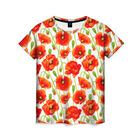 Женская футболка 3D с принтом Маки в Новосибирске, 100% полиэфир ( синтетическое хлопкоподобное полотно) | прямой крой, круглый вырез горловины, длина до линии бедер | flowers | красные | маки | паттерн | цветы