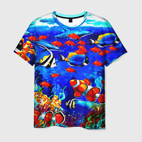 Мужская футболка 3D с принтом Рыбки в Новосибирске, 100% полиэфир | прямой крой, круглый вырез горловины, длина до линии бедер | аквариум | вода | лето | море | риф | рыбки | тропики | фауна