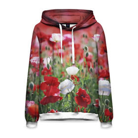 Мужская толстовка 3D с принтом Маки в Новосибирске, 100% полиэстер | двухслойный капюшон со шнурком для регулировки, мягкие манжеты на рукавах и по низу толстовки, спереди карман-кенгуру с мягким внутренним слоем. | field | flowers | meadow | poppies | red | white | белые | красные | луг | маки | поле | полевые | цветы