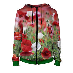 Женская толстовка 3D на молнии с принтом Маки в Новосибирске, 100% полиэстер | длина до линии бедра, манжеты и пояс оформлены мягкой тканевой резинкой, двухслойный капюшон со шнурком для регулировки, спереди молния, по бокам два кармана | field | flowers | meadow | poppies | red | white | белые | красные | луг | маки | поле | полевые | цветы