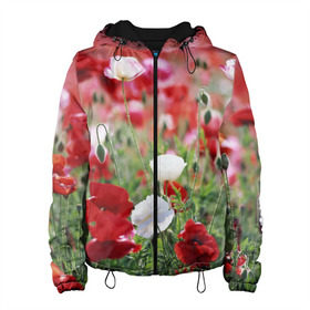 Женская куртка 3D с принтом Маки в Новосибирске, ткань верха — 100% полиэстер, подклад — флис | прямой крой, подол и капюшон оформлены резинкой с фиксаторами, два кармана без застежек по бокам, один большой потайной карман на груди. Карман на груди застегивается на липучку | field | flowers | meadow | poppies | red | white | белые | красные | луг | маки | поле | полевые | цветы