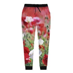 Женские брюки 3D с принтом Маки в Новосибирске, полиэстер 100% | прямой крой, два кармана без застежек по бокам, с мягкой трикотажной резинкой на поясе и по низу штанин. В поясе для дополнительного комфорта — широкие завязки | field | flowers | meadow | poppies | red | white | белые | красные | луг | маки | поле | полевые | цветы