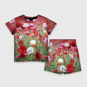 Детский костюм с шортами 3D с принтом Маки в Новосибирске,  |  | field | flowers | meadow | poppies | red | white | белые | красные | луг | маки | поле | полевые | цветы