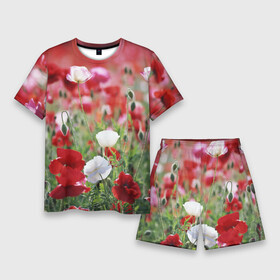 Мужской костюм с шортами 3D с принтом Маки в Новосибирске,  |  | field | flowers | meadow | poppies | red | white | белые | красные | луг | маки | поле | полевые | цветы