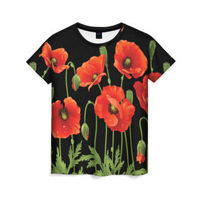 Женская футболка 3D с принтом Маки в Новосибирске, 100% полиэфир ( синтетическое хлопкоподобное полотно) | прямой крой, круглый вырез горловины, длина до линии бедер | field | flowers | meadow | poppies | red | white | белые | красные | луг | маки | поле | полевые | цветы
