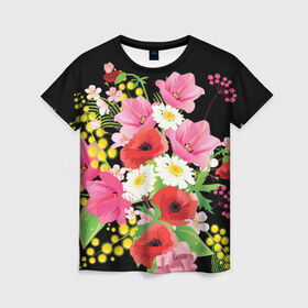 Женская футболка 3D с принтом Маки в Новосибирске, 100% полиэфир ( синтетическое хлопкоподобное полотно) | прямой крой, круглый вырез горловины, длина до линии бедер | flowers | букет | цветы