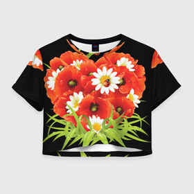 Женская футболка 3D укороченная с принтом Маки в Новосибирске, 100% полиэстер | круглая горловина, длина футболки до линии талии, рукава с отворотами | background | daisy | field | flowers | gray | insect | ladybird | meadow | poppies | red | white | белые | божья коровка | красные | луг | маки | насекомые | поле | полевые | ромашки | серый | фон | цветы