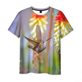 Мужская футболка 3D с принтом Колибри в Новосибирске, 100% полиэфир | прямой крой, круглый вырез горловины, длина до линии бедер | Тематика изображения на принте: лепесток | новая | природа | птичка | цветок | яркая