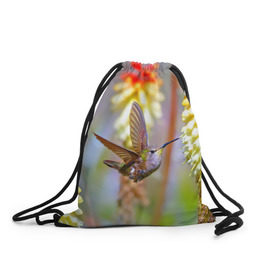 Рюкзак-мешок 3D с принтом Колибри в Новосибирске, 100% полиэстер | плотность ткани — 200 г/м2, размер — 35 х 45 см; лямки — толстые шнурки, застежка на шнуровке, без карманов и подкладки | лепесток | новая | природа | птичка | цветок | яркая