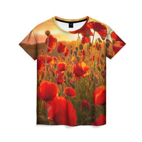Женская футболка 3D с принтом Маки в Новосибирске, 100% полиэфир ( синтетическое хлопкоподобное полотно) | прямой крой, круглый вырез горловины, длина до линии бедер | field | flowers | meadow | nature | poppies | red | sky | summer | sun | sunset | wild | закат | красные | лето | луг | маки | небо | поле | полевые | природа | солнце | цветы
