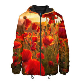 Мужская куртка 3D с принтом Маки в Новосибирске, ткань верха — 100% полиэстер, подклад — флис | прямой крой, подол и капюшон оформлены резинкой с фиксаторами, два кармана без застежек по бокам, один большой потайной карман на груди. Карман на груди застегивается на липучку | field | flowers | meadow | nature | poppies | red | sky | summer | sun | sunset | wild | закат | красные | лето | луг | маки | небо | поле | полевые | природа | солнце | цветы