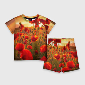 Детский костюм с шортами 3D с принтом Маки в Новосибирске,  |  | field | flowers | meadow | nature | poppies | red | sky | summer | sun | sunset | wild | закат | красные | лето | луг | маки | небо | поле | полевые | природа | солнце | цветы