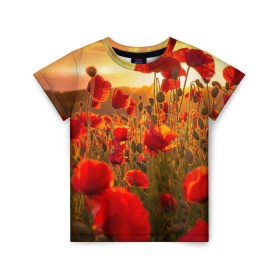 Детская футболка 3D с принтом Маки в Новосибирске, 100% гипоаллергенный полиэфир | прямой крой, круглый вырез горловины, длина до линии бедер, чуть спущенное плечо, ткань немного тянется | Тематика изображения на принте: field | flowers | meadow | nature | poppies | red | sky | summer | sun | sunset | wild | закат | красные | лето | луг | маки | небо | поле | полевые | природа | солнце | цветы
