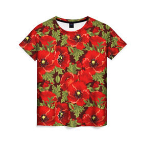 Женская футболка 3D с принтом Маки в Новосибирске, 100% полиэфир ( синтетическое хлопкоподобное полотно) | прямой крой, круглый вырез горловины, длина до линии бедер | flowers | poppies | red | wild | красные | мак | маки | полевые | цветы