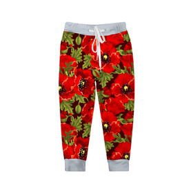 Детские брюки 3D с принтом Маки в Новосибирске, 100% полиэстер | манжеты по низу, эластичный пояс регулируется шнурком, по бокам два кармана без застежек, внутренняя часть кармана из мелкой сетки | flowers | poppies | red | wild | красные | мак | маки | полевые | цветы