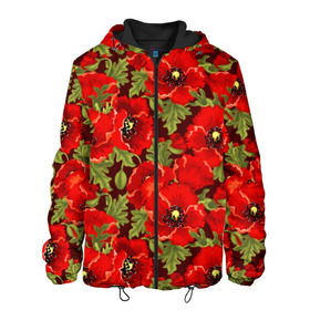 Мужская куртка 3D с принтом Маки в Новосибирске, ткань верха — 100% полиэстер, подклад — флис | прямой крой, подол и капюшон оформлены резинкой с фиксаторами, два кармана без застежек по бокам, один большой потайной карман на груди. Карман на груди застегивается на липучку | Тематика изображения на принте: flowers | poppies | red | wild | красные | мак | маки | полевые | цветы