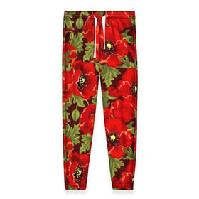 Женские брюки 3D с принтом Маки в Новосибирске, полиэстер 100% | прямой крой, два кармана без застежек по бокам, с мягкой трикотажной резинкой на поясе и по низу штанин. В поясе для дополнительного комфорта — широкие завязки | flowers | poppies | red | wild | красные | мак | маки | полевые | цветы