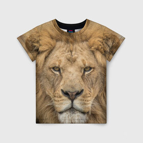 Детская футболка 3D с принтом Лев в Новосибирске, 100% гипоаллергенный полиэфир | прямой крой, круглый вырез горловины, длина до линии бедер, чуть спущенное плечо, ткань немного тянется | грива | джунгли | животные | зверь | король | кровь | лев | охотник | хищник | царь