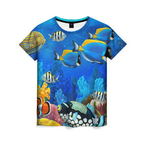 Женская футболка 3D с принтом Экзотические рыбки в Новосибирске, 100% полиэфир ( синтетическое хлопкоподобное полотно) | прямой крой, круглый вырез горловины, длина до линии бедер | Тематика изображения на принте: животые | красочные | морские | рыбки | цветные | экзотические
