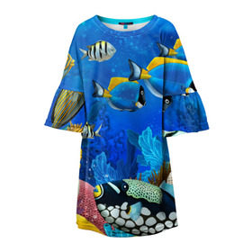 Детское платье 3D с принтом Экзотические рыбки в Новосибирске, 100% полиэстер | прямой силуэт, чуть расширенный к низу. Круглая горловина, на рукавах — воланы | животые | красочные | морские | рыбки | цветные | экзотические
