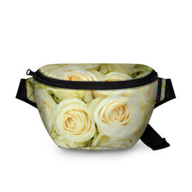 Поясная сумка 3D с принтом Белые розы в Новосибирске, 100% полиэстер | плотная ткань, ремень с регулируемой длиной, внутри несколько карманов для мелочей, основное отделение и карман с обратной стороны сумки застегиваются на молнию | лепестки | розы | цветы