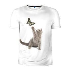 Мужская футболка 3D спортивная с принтом Котенок и бабочка 3 в Новосибирске, 100% полиэстер с улучшенными характеристиками | приталенный силуэт, круглая горловина, широкие плечи, сужается к линии бедра | Тематика изображения на принте: кот | кошка