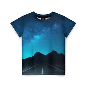 Детская футболка 3D с принтом Дорога под чистым небом в Новосибирске, 100% гипоаллергенный полиэфир | прямой крой, круглый вырез горловины, длина до линии бедер, чуть спущенное плечо, ткань немного тянется | osfenemy | горы | дорога | звезды | космос | красиво | небо | пейзаж | путь | черный | чудо
