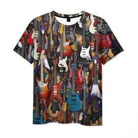 Мужская футболка 3D с принтом Электрогитары в Новосибирске, 100% полиэфир | прямой крой, круглый вырез горловины, длина до линии бедер | fender | ibanez | ltd | stratocaster | гитара | инструмент | музыка | рок