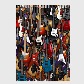 Скетчбук с принтом Электрогитары в Новосибирске, 100% бумага
 | 48 листов, плотность листов — 100 г/м2, плотность картонной обложки — 250 г/м2. Листы скреплены сверху удобной пружинной спиралью | Тематика изображения на принте: fender | ibanez | ltd | stratocaster | гитара | инструмент | музыка | рок