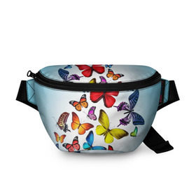 Поясная сумка 3D с принтом Butterflies в Новосибирске, 100% полиэстер | плотная ткань, ремень с регулируемой длиной, внутри несколько карманов для мелочей, основное отделение и карман с обратной стороны сумки застегиваются на молнию | бабочки | белый | картинка | лето | природа | рисунок | розовый | цвета