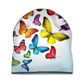 Шапка 3D с принтом Butterflies в Новосибирске, 100% полиэстер | универсальный размер, печать по всей поверхности изделия | бабочки | белый | картинка | лето | природа | рисунок | розовый | цвета