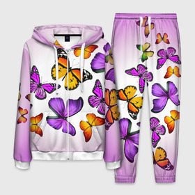 Мужской костюм 3D с принтом Butterflies в Новосибирске, 100% полиэстер | Манжеты и пояс оформлены тканевой резинкой, двухслойный капюшон со шнурком для регулировки, карманы спереди | Тематика изображения на принте: бабочки | белый | картинка | лето | природа | рисунок | розовый | цвета