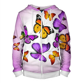 Мужская толстовка 3D на молнии с принтом Butterflies в Новосибирске, 100% полиэстер | длина до линии бедра, манжеты и пояс оформлены мягкой тканевой резинкой, двухслойный капюшон со шнурком для регулировки, спереди молния, по бокам два кармана | бабочки | белый | картинка | лето | природа | рисунок | розовый | цвета