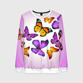 Женский свитшот 3D с принтом Butterflies в Новосибирске, 100% полиэстер с мягким внутренним слоем | круглый вырез горловины, мягкая резинка на манжетах и поясе, свободная посадка по фигуре | бабочки | белый | картинка | лето | природа | рисунок | розовый | цвета