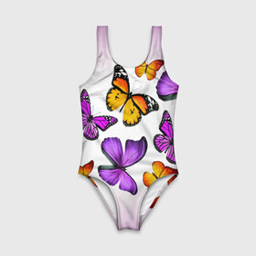Детский купальник 3D с принтом Butterflies в Новосибирске, Полиэстер 85%, Спандекс 15% | Слитный крой, подклад по переду изделия, узкие бретели | бабочки | белый | картинка | лето | природа | рисунок | розовый | цвета