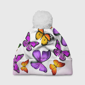 Шапка 3D c помпоном с принтом Butterflies в Новосибирске, 100% полиэстер | универсальный размер, печать по всей поверхности изделия | бабочки | белый | картинка | лето | природа | рисунок | розовый | цвета