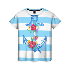 Женская футболка 3D с принтом Якорь в Новосибирске, 100% полиэфир ( синтетическое хлопкоподобное полотно) | прямой крой, круглый вырез горловины, длина до линии бедер | белый | верёвка | вода | корабль | красный | море | песок | пляж | синий | цвет | цветы | якорь
