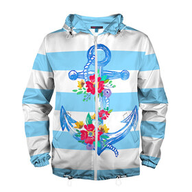 Мужская ветровка 3D с принтом Якорь в Новосибирске, 100% полиэстер | подол и капюшон оформлены резинкой с фиксаторами, два кармана без застежек по бокам, один потайной карман на груди | белый | верёвка | вода | корабль | красный | море | песок | пляж | синий | цвет | цветы | якорь